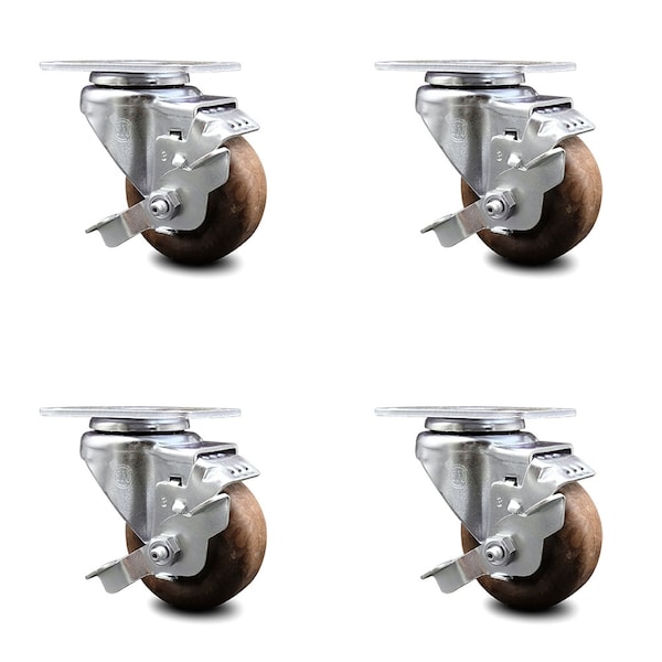 3 Inch High Temp Glass Filled Nylon Wheel Swivel Top Plate Caster Set with Brake